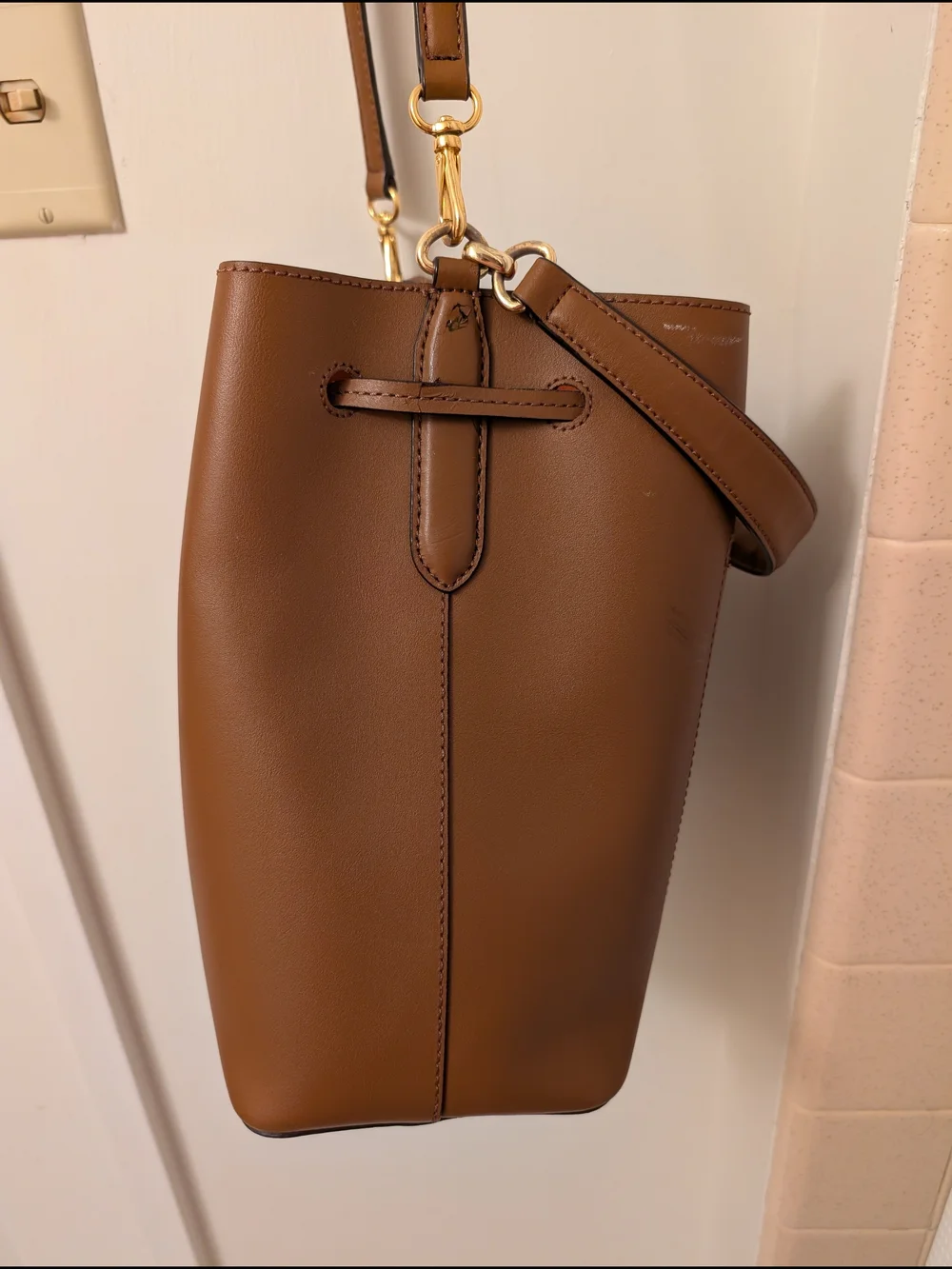Lauren Ralph Lauren Brown Leather Bucket Bag with Orange Lining